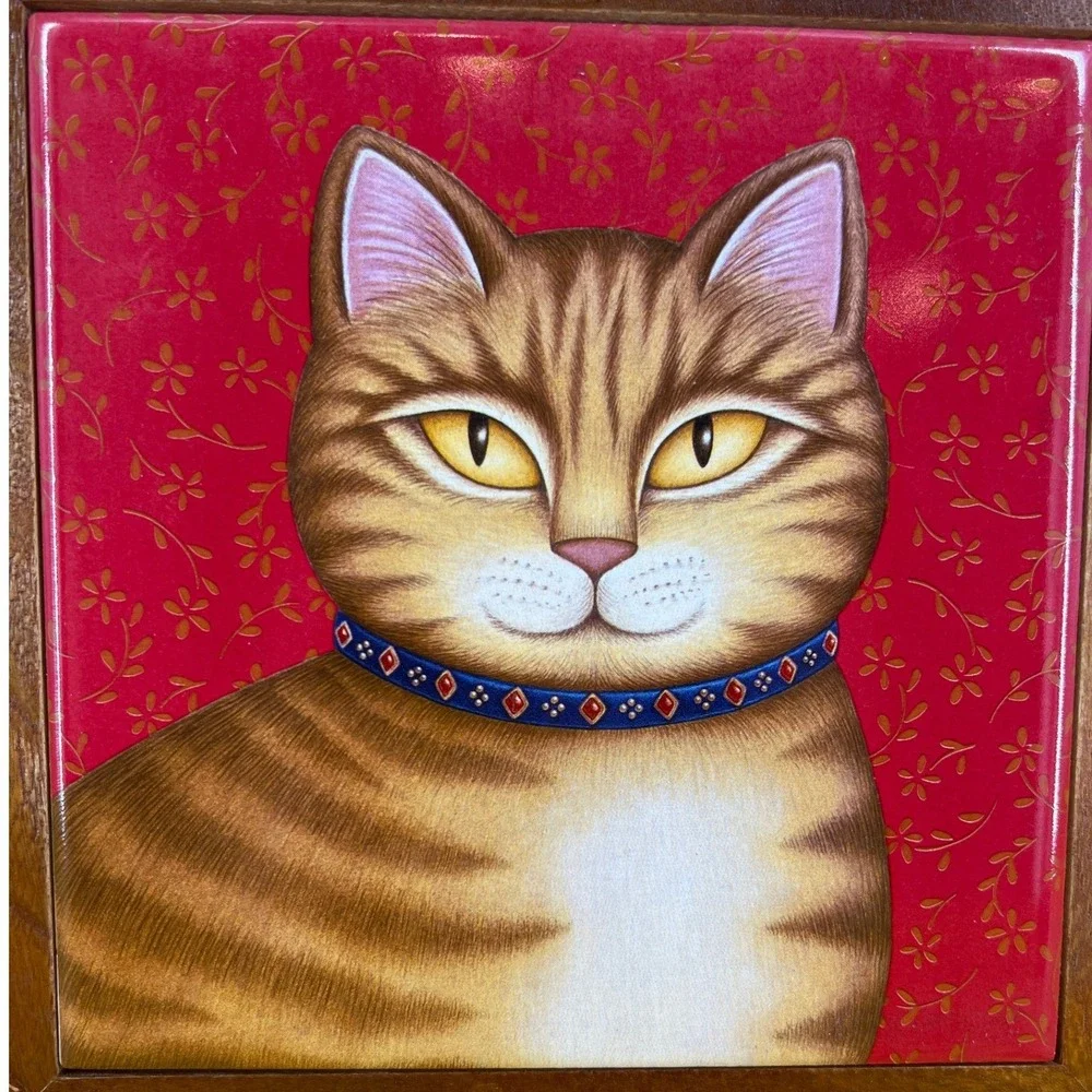 Vintage Whimsy Orange Cat Decor Japan Ceramic Folk Art Tile Framed 7